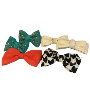 6 hair bows - green, sparkly cream, pink, and black/white